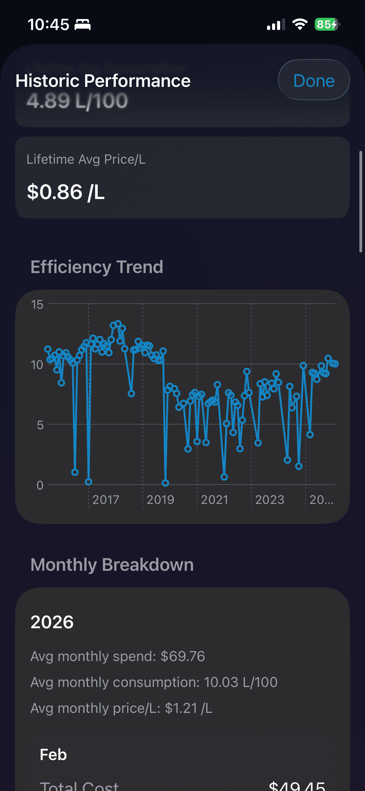 Edit vehicle settings screen