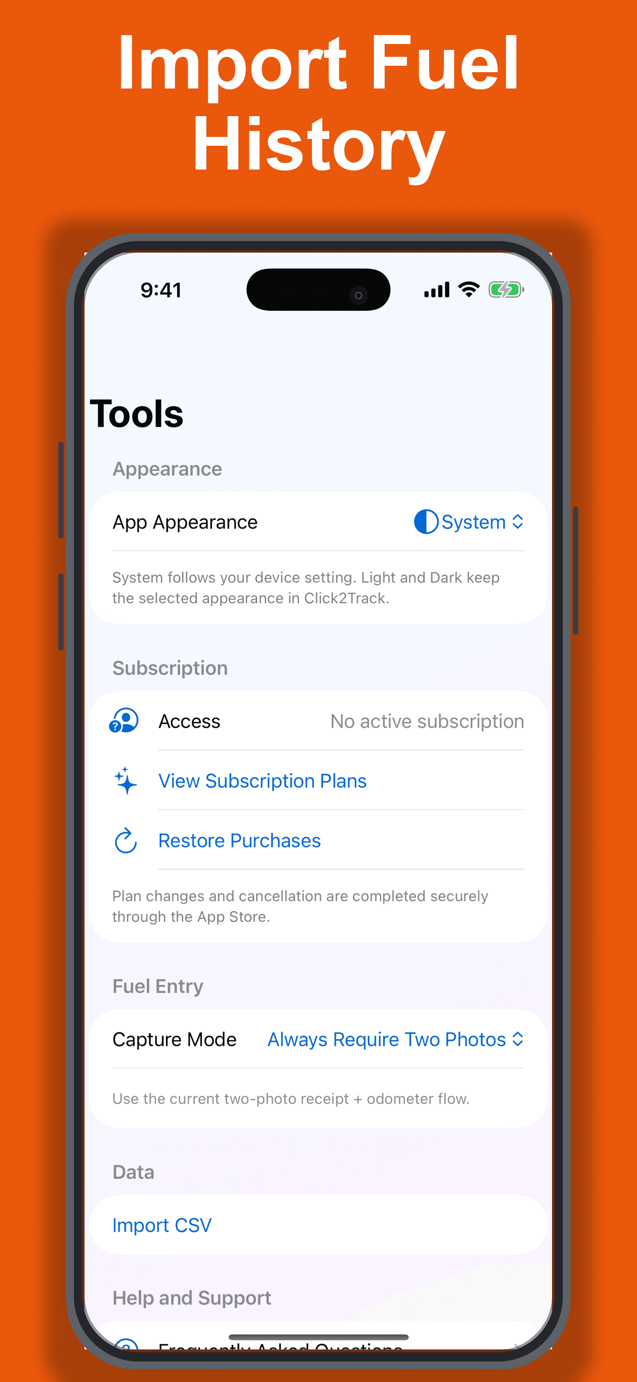 Tools screen with CSV import, appearance, and capture settings